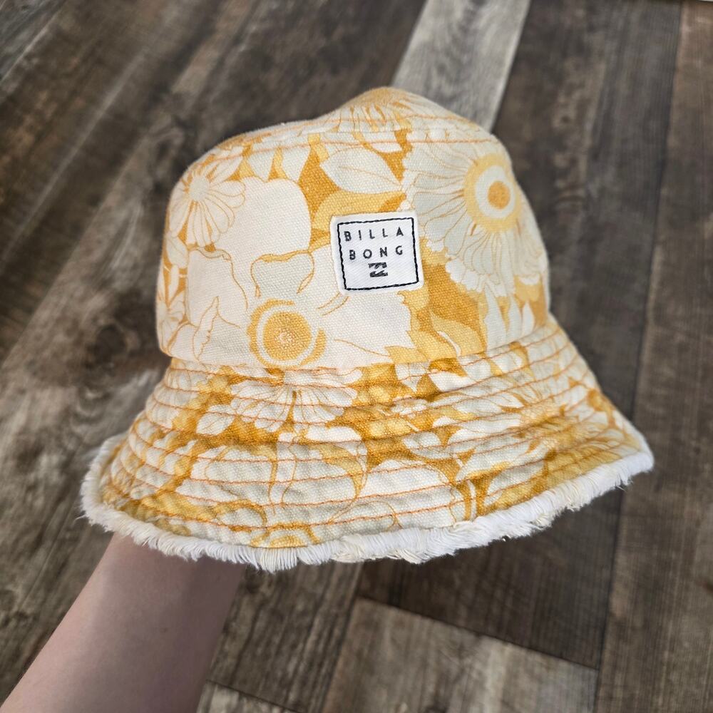 Billabong Floral Bucket Hat Cream Mustard Yellow Frayed Brim Boho Beach